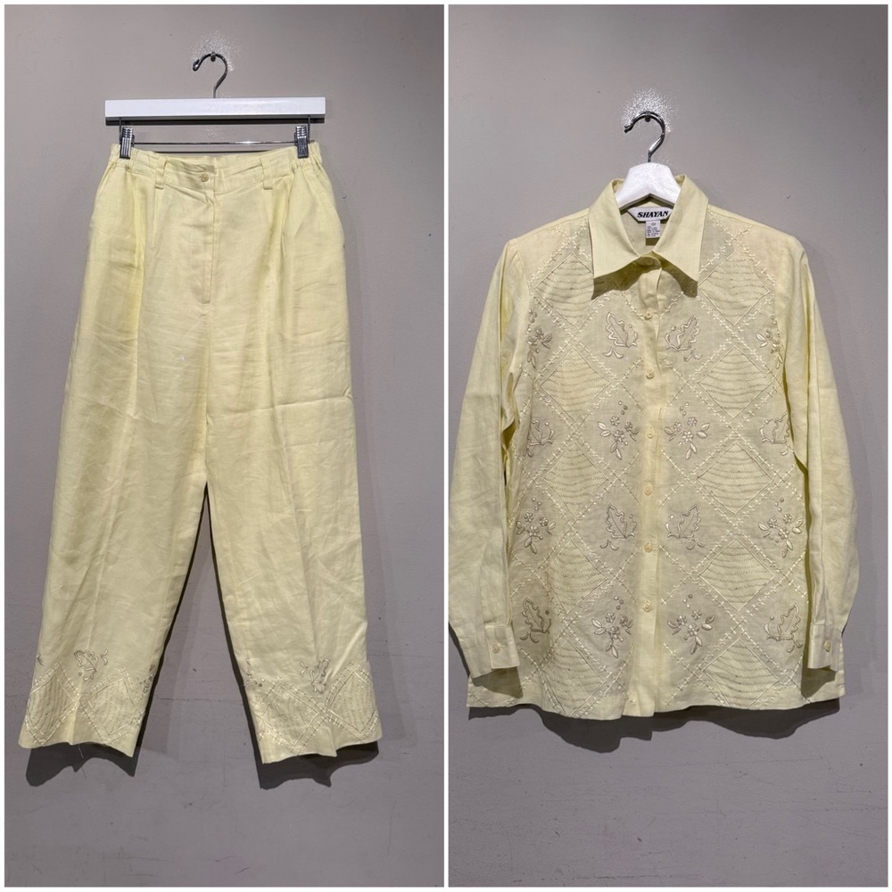 VINTAGE SHAYAN OUTFIT SET 2 Pc Pants/blouse Yellow Women M Linen Summer Vacation